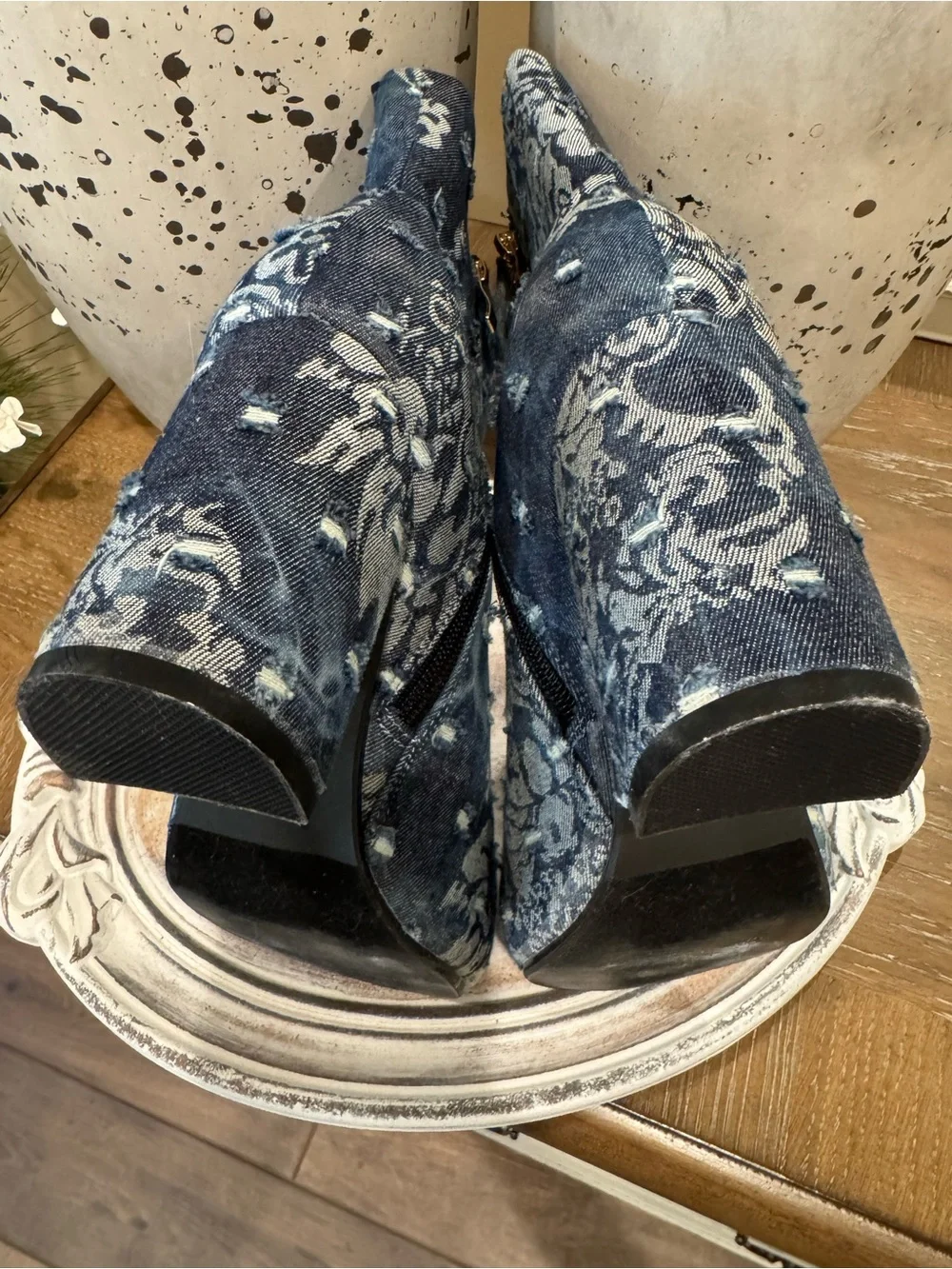 Denim Blue Damask Embroidered Ankle Boots